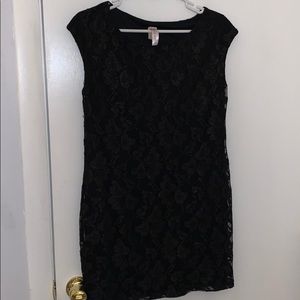 Little black dress with gold tinted lace overlay